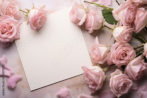 mockup white blank paper sheet with pink roses flowers top view on, floral template empty card flat lay for design with copy space © Маргарита Вайс