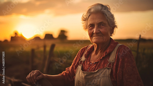 Smiling senior farmer woman standing on a meadow in the countryside at a sunset and looking at the camera. Wearing old village clothes. Sunset over the green pasture in the background © Nemanja