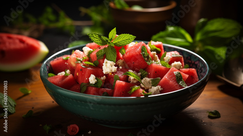 Watermelon Feta Salad with Balsamic Glaze and Mint Leaves