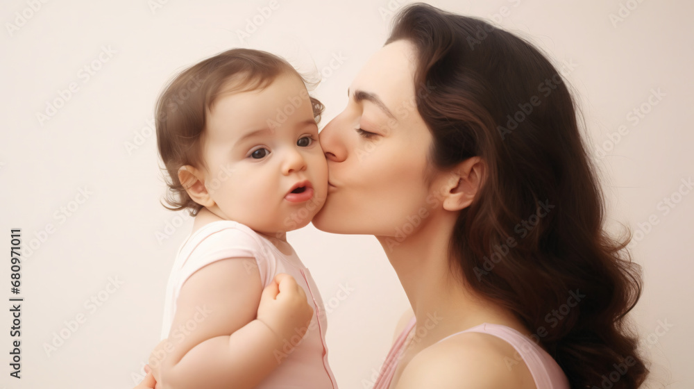 Mother and Baby Sharing a Moment, Loving Kiss, White Backdrop Mother and Baby Sharing a Moment, Loving Kiss, White Backdrop