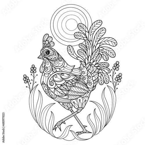 Chicken and sun hand drawn for adult coloring book