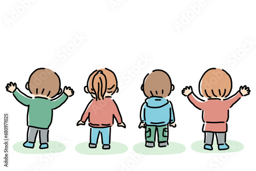 元気な子供たちの後ろ姿のイラスト