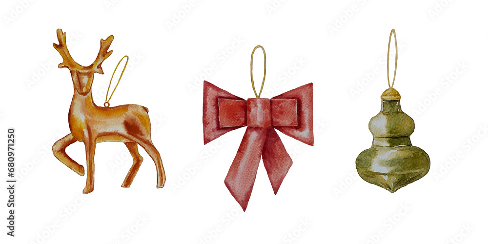 Christmas tree toy green, gold deer, red bow, holiday, decor, elegant, traditional, vintage, shopping, postcard, set, element, happy, winter, gift, white background, watercolor Christmas tree toy green, gold deer, red bow, holiday, decor, elegant, traditional, vintage, shopping, postcard, set, element, happy, winter, gift, white background, watercolor