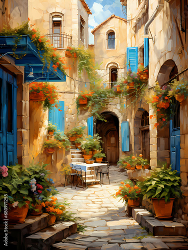A Courtyard With Plants And A Table - Pictorial scene of courtyard in old town of Croatia © netsign