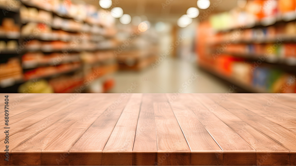 Wooden Table with Blurred Supermarket Background Wooden Table with Blurred Supermarket Background