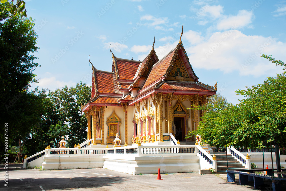 Ancient ubosot ordination hall and antique church chapel for thai people travel visit respect praying blessing buddha with holy mystery myth at Wat Tham Nam or Water Cave Temple in Ratchaburi Thailand