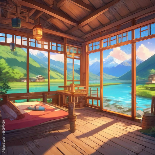 Cabin facing river in tibet anime style photo