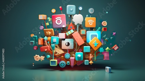 3D Social media platform, online social communication applications concept, emoji, hearts, chat and chart with smartphone background.