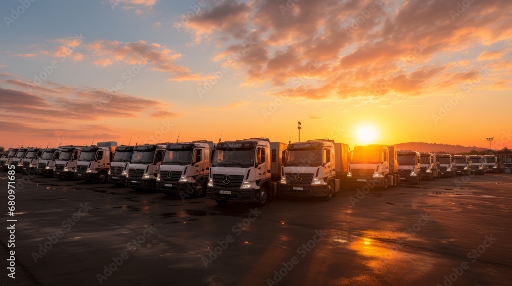 Golden Hour Serenity. Parked Trucks Bathed in the Captivating Light of a Majestic Sunrise