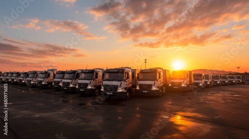 Golden Hour Serenity. Parked Trucks Bathed in the Captivating Light of a Majestic Sunrise