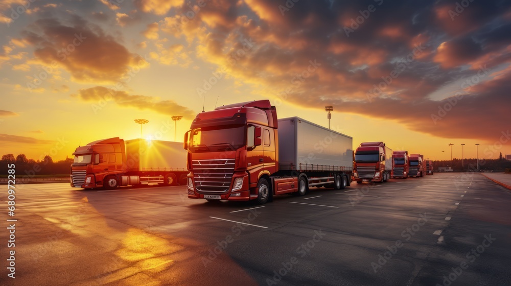 Full Shot of Parked Commercial Trucks at Dawn against a Stunning, Colorful Sunrise
