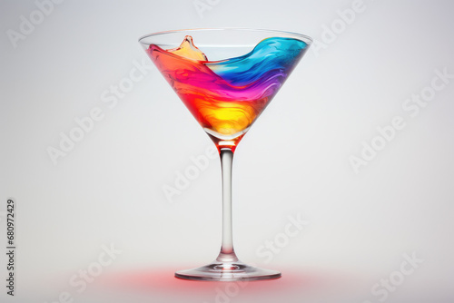 Generative AI illustration of glass with multicolored cocktail against white background