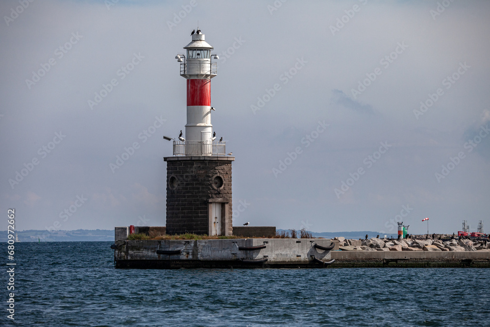 Red and white Lighthouse at Aarhus Harbour
