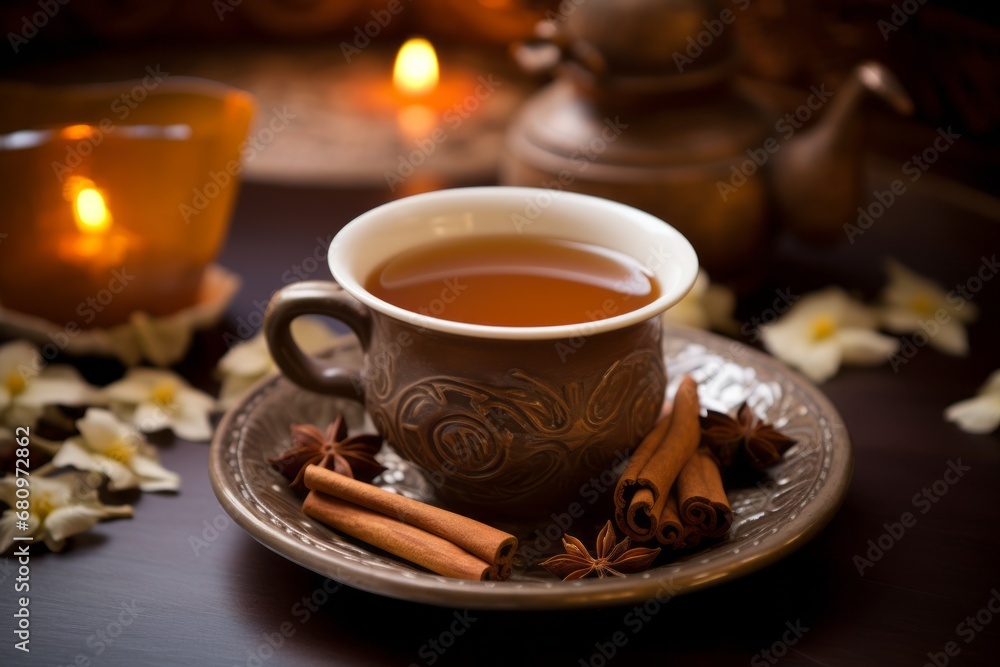 A ceramic cup filled with the authentic flavors of traditional Indian masala chai tea A ceramic cup filled with the authentic flavors of traditional Indian masala chai tea
