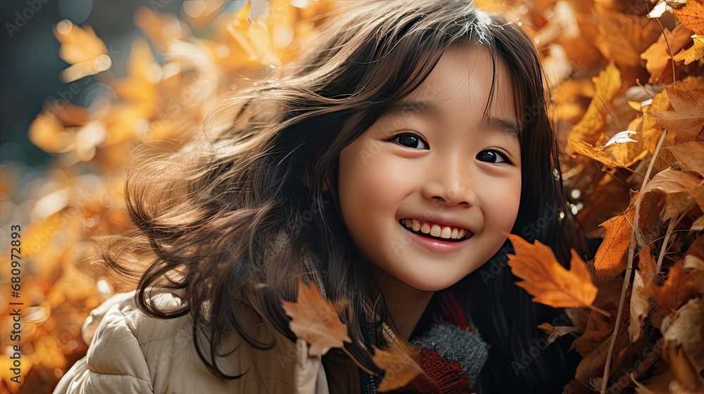 Content Little Asian Girl Having Fun amid the Fall Leaves. Generative Ai. Content Little Asian Girl Having Fun amid the Fall Leaves. Generative Ai.