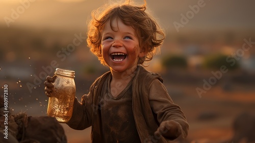 Excited African Boy With a Refreshing Water Bottle, Showing Pure Joy and Happiness in his Eyes © sorin