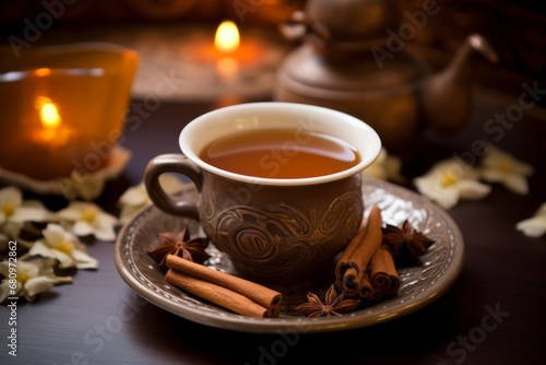 A ceramic cup filled with the authentic flavors of traditional Indian masala chai tea