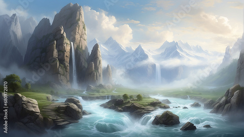 Towering mountains, their summits lost in a swirling mist, creating an ethereal and mysterious atmosphere. The rock formations are weathered and ancient, telling tales of time AI-Generative