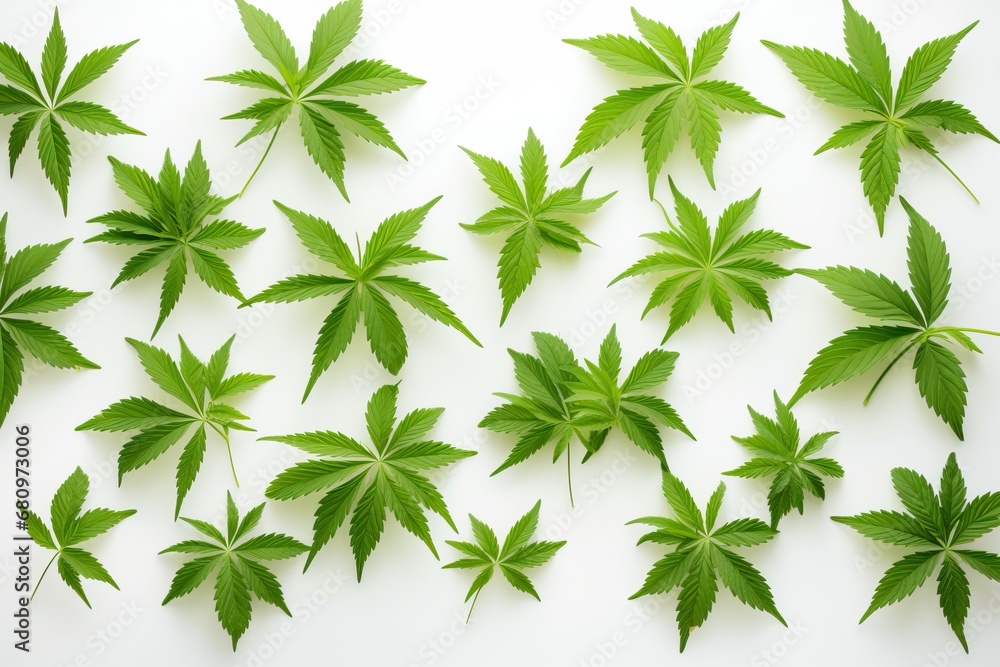 Green leaves of marijuana on a white background.