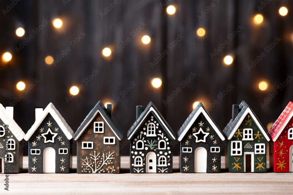 Christmas house decorations on wooden table with defocused light, Hand decorated