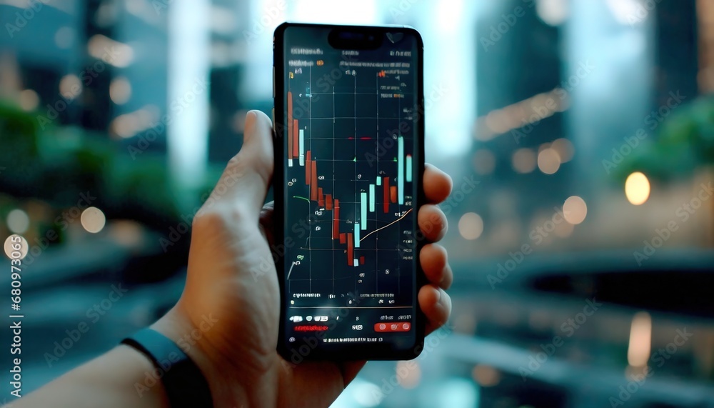 Stock trade in phone. Graph of stock market with candlestick, chart and exchange for trader. Hand hold smartphone with mockup of daily trading mobile app. Stock trade in phone. Graph of stock market with candlestick, chart and exchange for trader. Hand hold smartphone with mockup of daily trading mobile app.