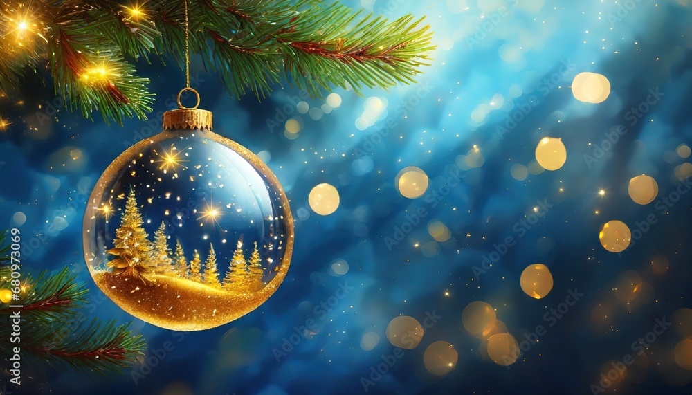Christmas tree with shiny majestic mirror ball in fairy night snow winter forest background. New Year celebration card. Handmade glass bauble. Panorama. Christmas tree with shiny majestic mirror ball in fairy night snow winter forest background. New Year celebration card. Handmade glass bauble. Panorama.