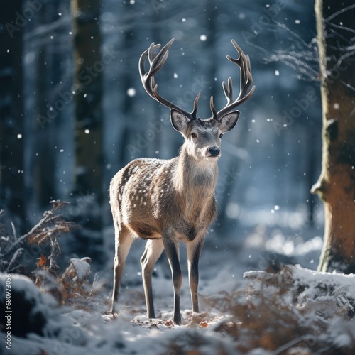 Deer in a snowy winter woodland. Generative Ai. © MinixT
