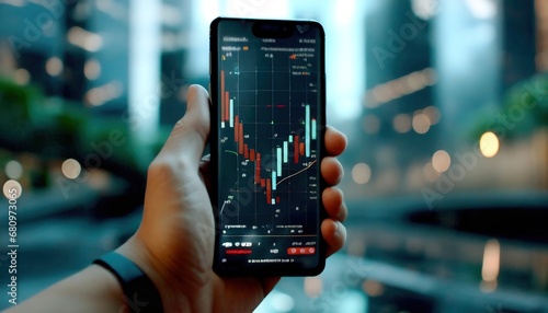 Stock trade in phone. Graph of stock market with candlestick, chart and exchange for trader. Hand hold smartphone with mockup of daily trading mobile app.