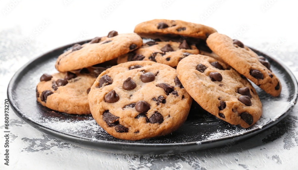 National Cookie Day yummy chocolate crispy cookies served on a plate on white table background. Powdered sugar on the kitchen surface. National Cookie Day yummy chocolate crispy cookies served on a plate on white table background. Powdered sugar on the kitchen surface.