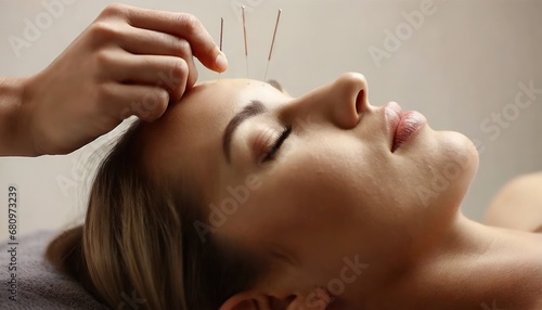 Woman undergoing acupuncture therapy procedure on facial skin in spa salon. Doctor hand with a needle near a girl face.