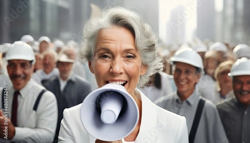 Senior woman makes a speech in a megaphone on a city street. A crowd of old working men follows elderly lady in honor of the rally. Pensioner yells into a bullhorn on people background. Female leader. photo
