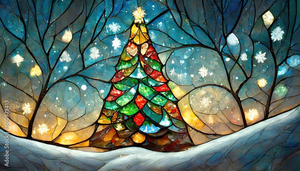 Bright colored crystal Christmas tree in fairy winter snowy landscape. Enchanted magical forest. New Year Eve night background. Panorama.