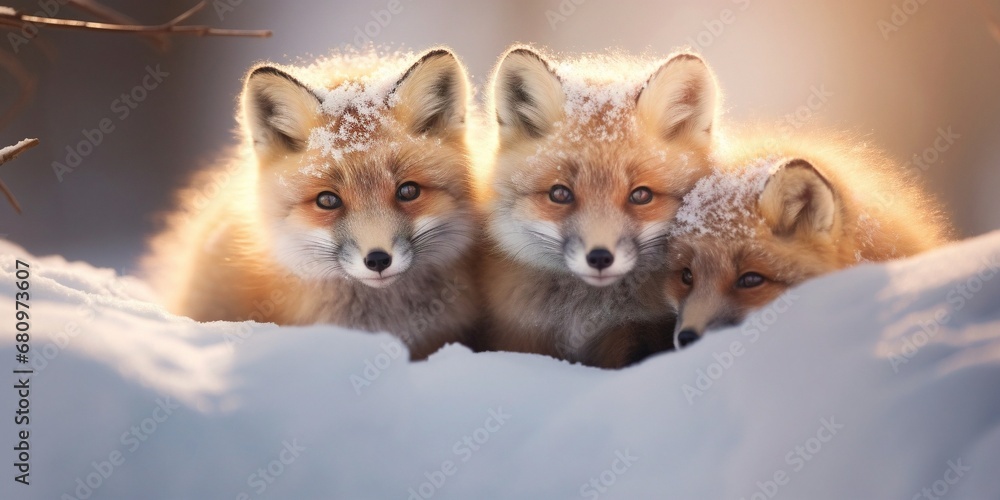 Portarait oft hree fox kittens in snow Portarait oft hree fox kittens in snow