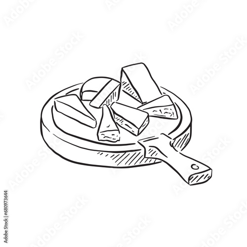 Cheese board illustration; line drawn in black and white. A variety of cheeses on a wooden board. Featuring brie, port salut, blue cheese and cheddar.