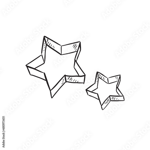 Star cookie cutters in two different sizes. Hand drawn illustration in black and white in a sketchy style.
