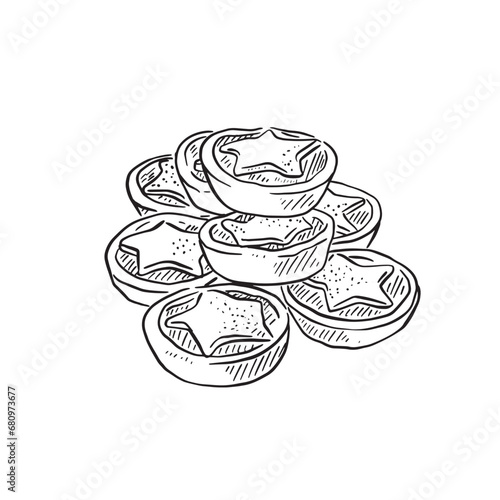A line drawn pile of mince pies with stars cut out and placed on the top. Hand drawn black and white illustration.