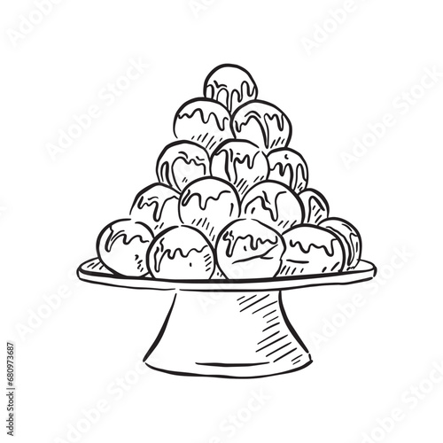 A line drawn pile of profiteroles on a platter. A lovely hand drawn black and white pudding featuring pastry, cream and chocolate.