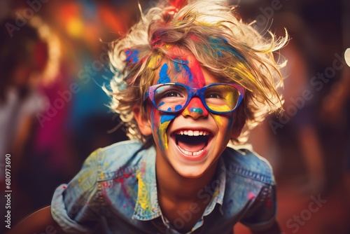 Energetic boy immersed in joyful painting experience, showcasing playful expression