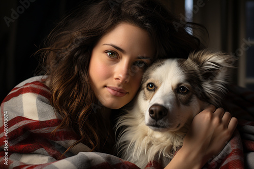 portrait of a beautiful young woman hugging her dog