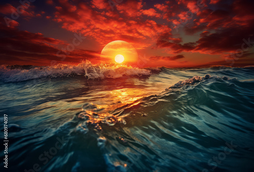 A sunset in the waters with waves and clouds, in dark cyan and red hues, displaying intense color saturation, vignetting, and a beautiful, long-distance, and deep-distance atmosphere. photo
