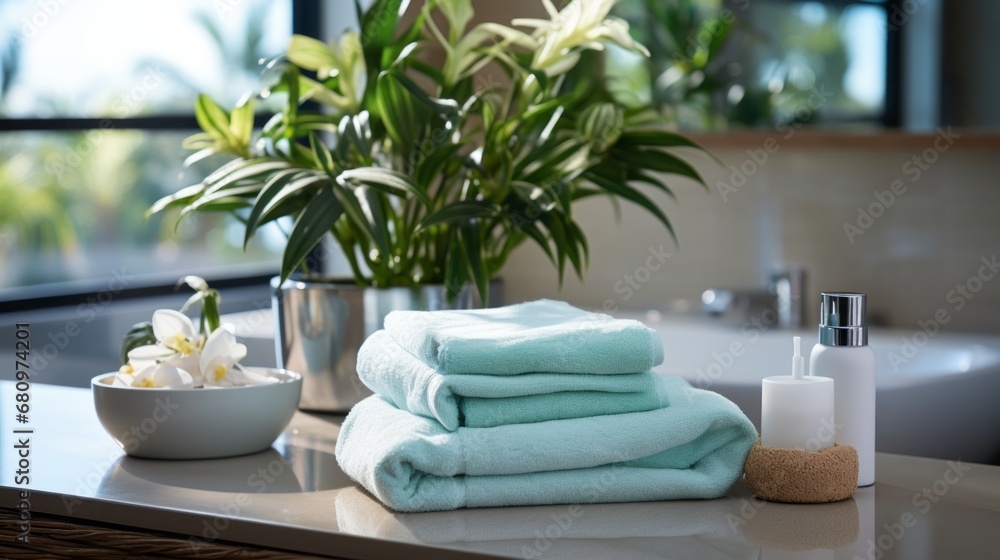 A towel draped neatly in a contemporary bathroom set A towel draped neatly in a contemporary bathroom set