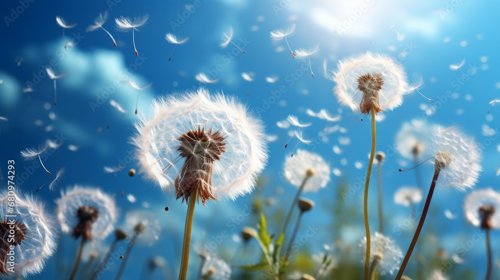Dandelion seeds blowing in the sky symbolizing wishe Dandelion seeds blowing in the sky symbolizing wishe