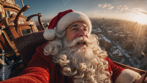 Santa Claus taking a selfie, fisheye effect, ultra detailed, in the sky at golden hour, in a sleigh, city below photo