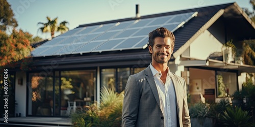 Wallpaper Mural A young entrepreneur stands in front of a solar powered home. Generative Ai. Torontodigital.ca
