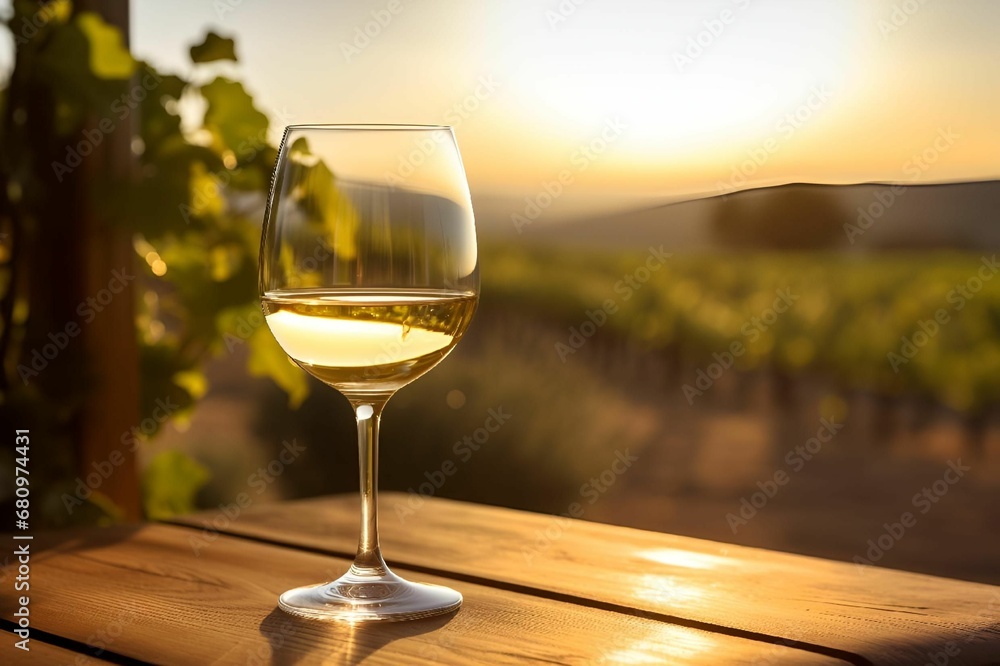 AI generated illustration of a glass of white wine on a rustic wooden table, illuminated by sunset