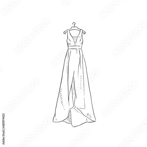 A line drawn wedding dress on a hanger. Hand drawn classic dress in black and white. 