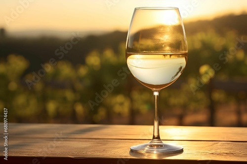 AI generated illustration of a glass of white wine on a rustic wooden table  illuminated by sunset