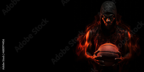 Hyperrealistic basketball player in a ball, featuring dramatic shadows, pinhole photography, dark red, bronze tones, flowing lines, mbole art, and darktable processing for a captivating portrait. photo