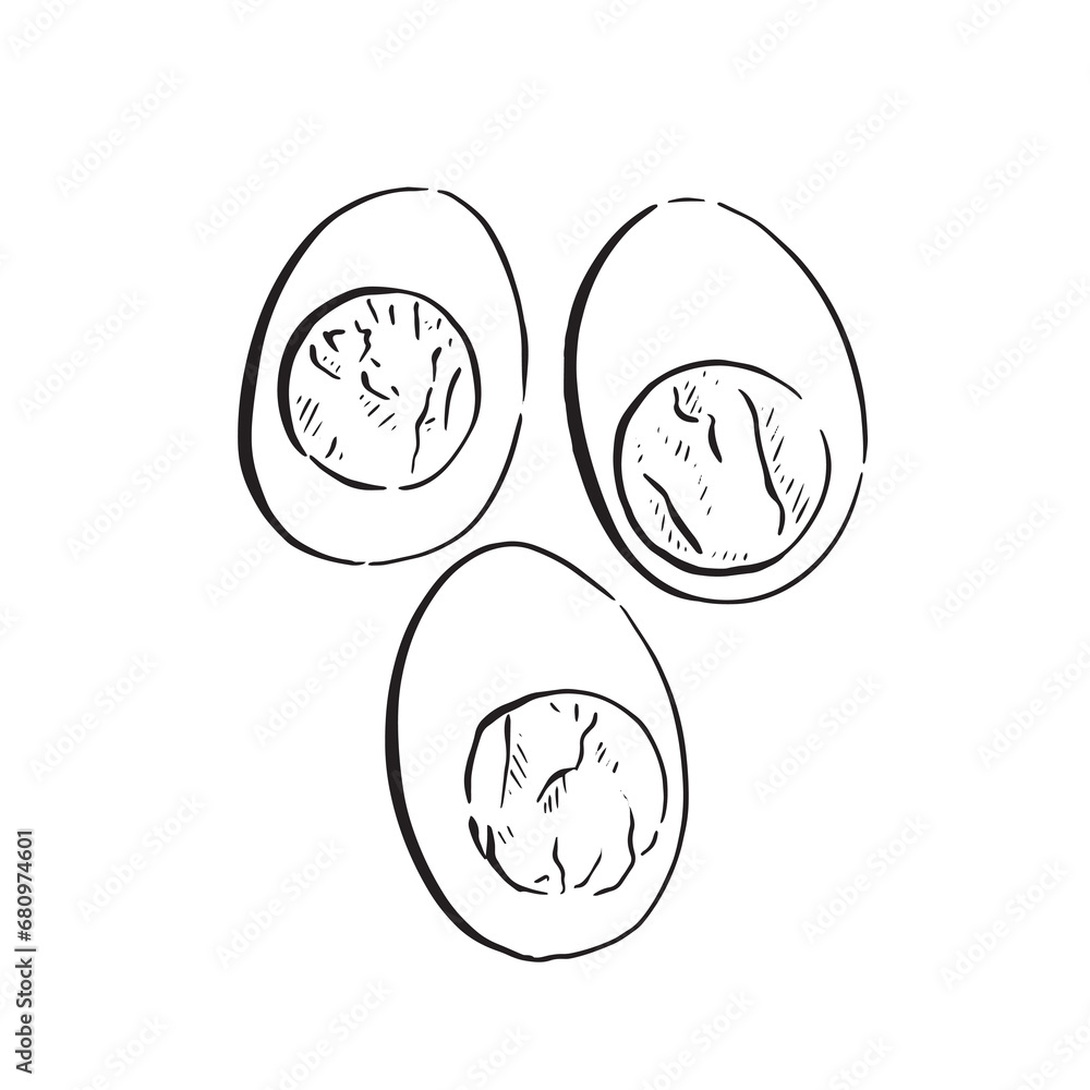 A line drawn vector of three cut open hard boiled eggs. All hand drawn, these eggs are a black and white sketch created by hand. A line drawn vector of three cut open hard boiled eggs. All hand drawn, these eggs are a black and white sketch created by hand.