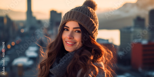 Portrait of a Beautiful Argentina Woman with a Background of a City in Winter
